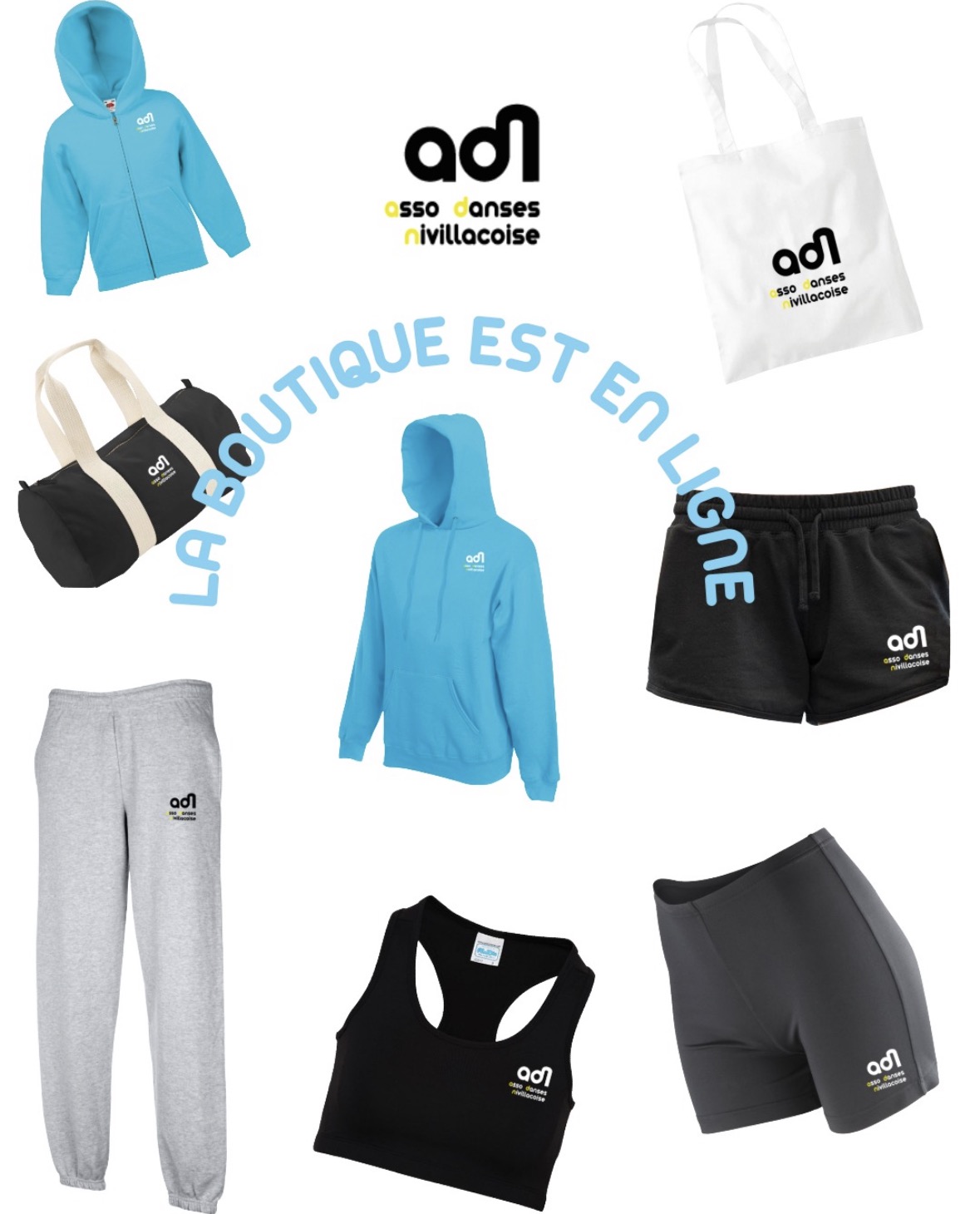 Produits de la boutique ADN : sweats turquoise, sacs, jogging, shorts et brassière avec le logo de l’association
